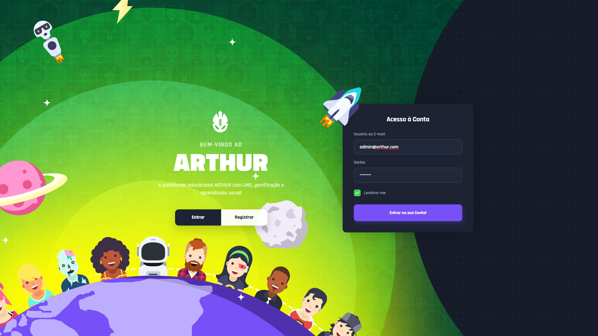 Tela de login do ARTHUR com visual gamificado e profissional