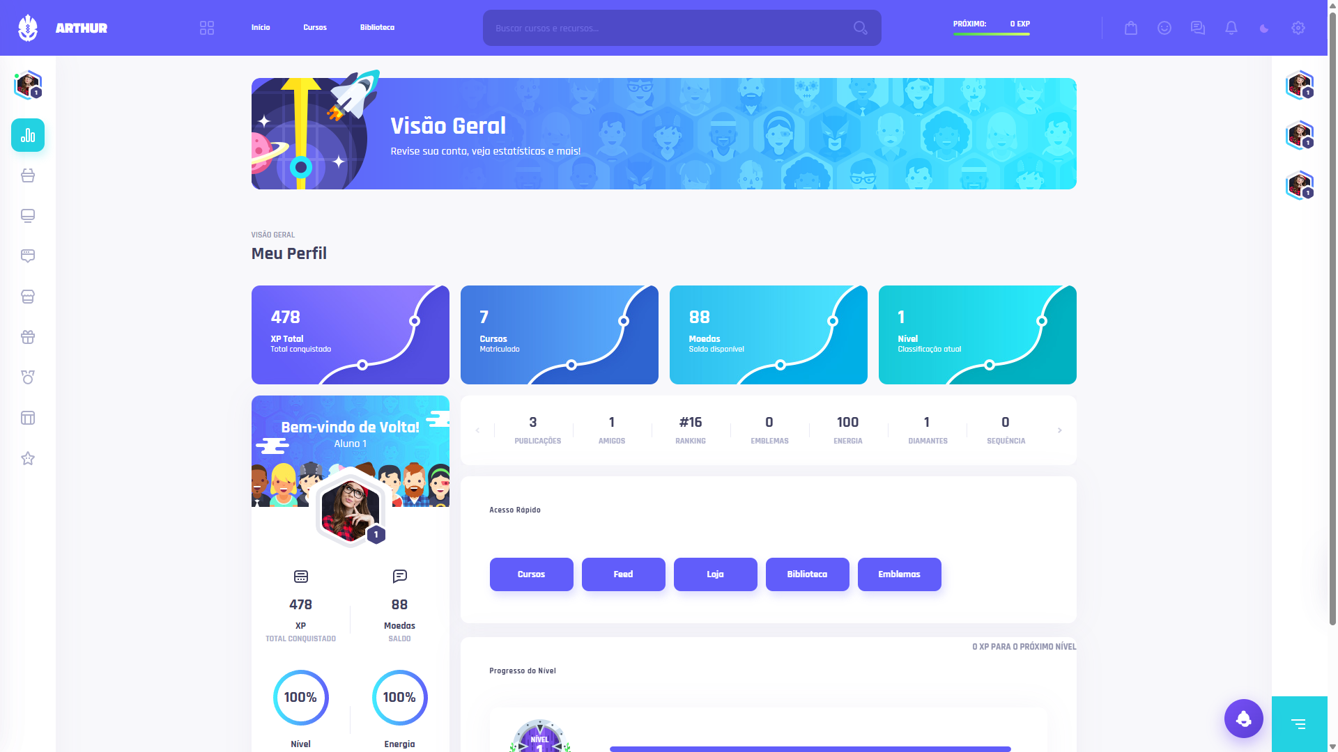 ARTHUR no tema claro — dashboard do aluno com visual gamificado