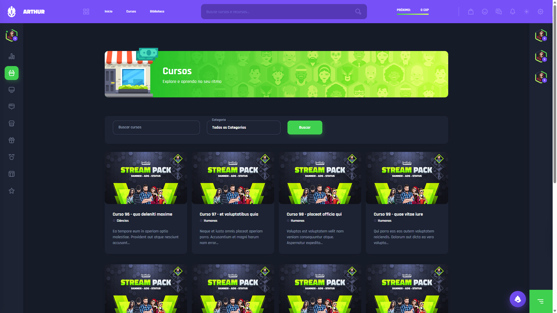 Catálogo de cursos do ARTHUR com filtros por categoria