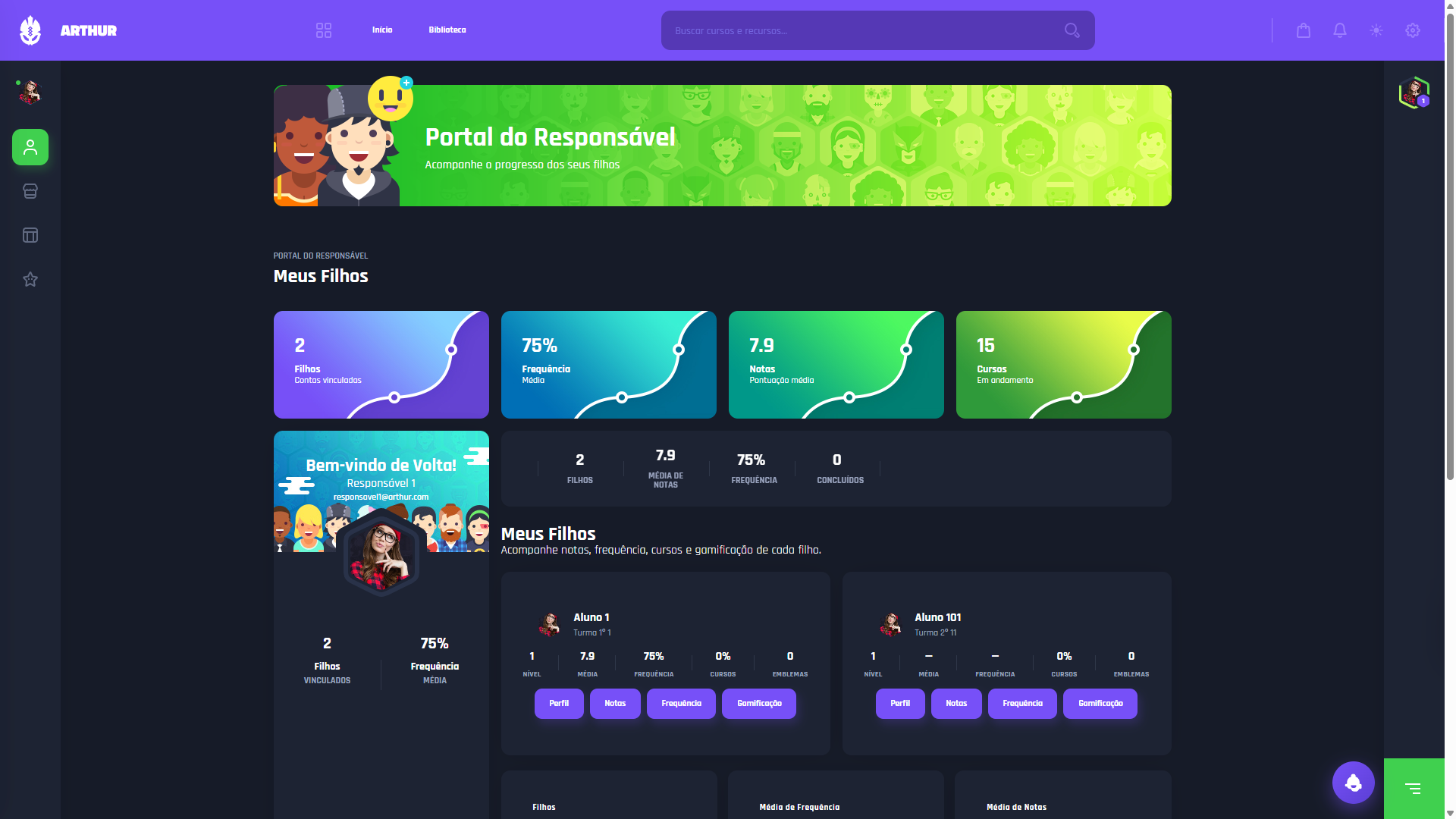 Portal do Responsável do ARTHUR — pais acompanham notas, frequência e progresso dos filhos
